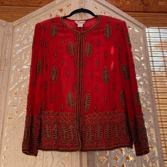 Glamorous red silk  embellished Silk women’s vintage jacket-Medium - Picture 4 of 16